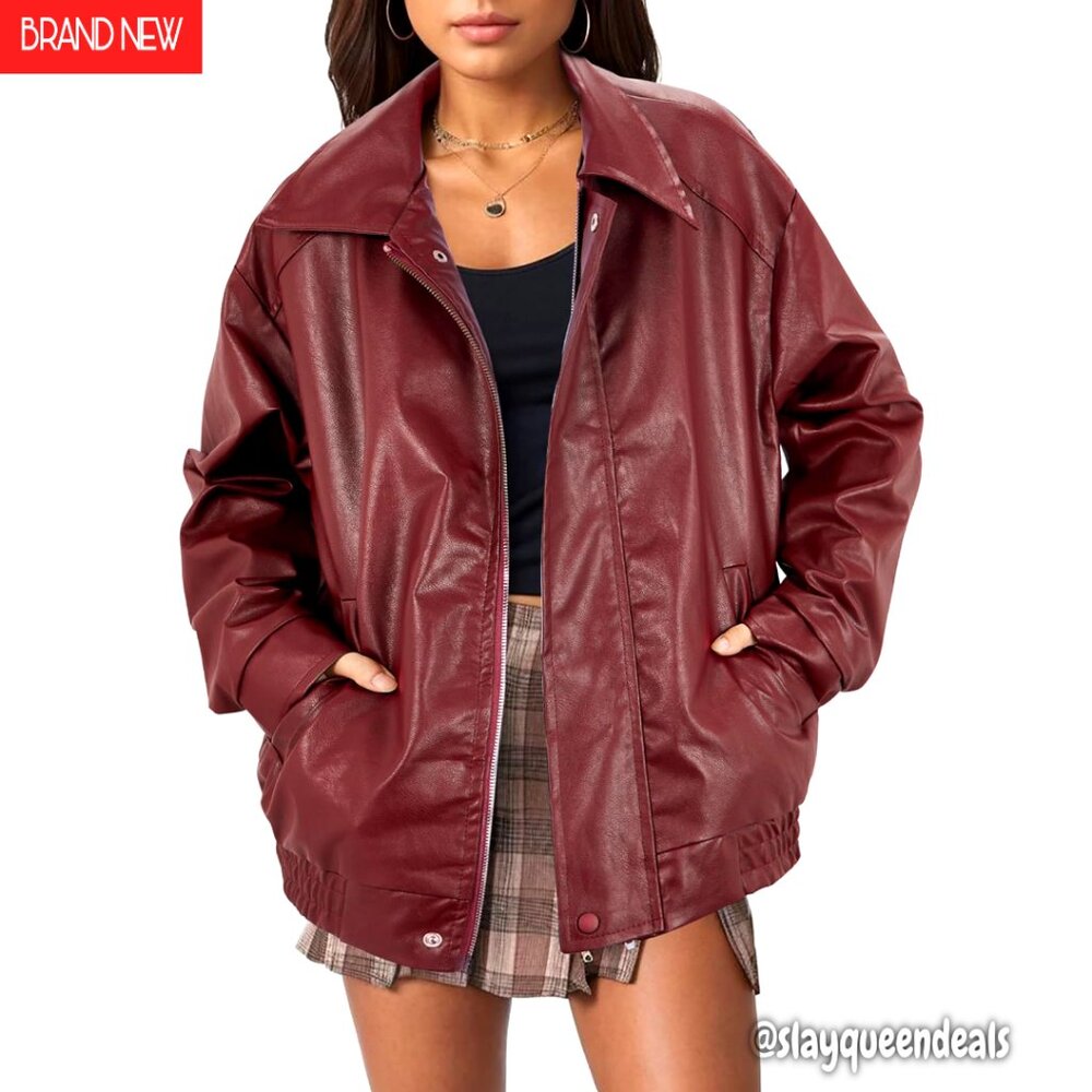 Oversized Faux Leather Motorcycle Jacket, Women's Plus Size Bomber Coat